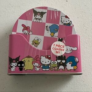 Hello Kitty Pink and White Coaster Set with Decorative Tin Holder